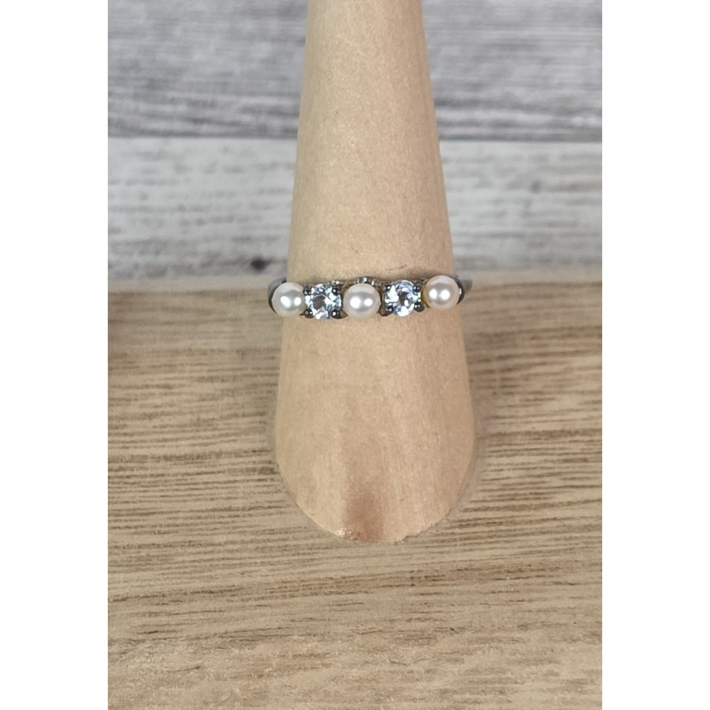 Sterling Silver Band Ring Round 9 White Pearls Cubic Zirconia gemstone accents